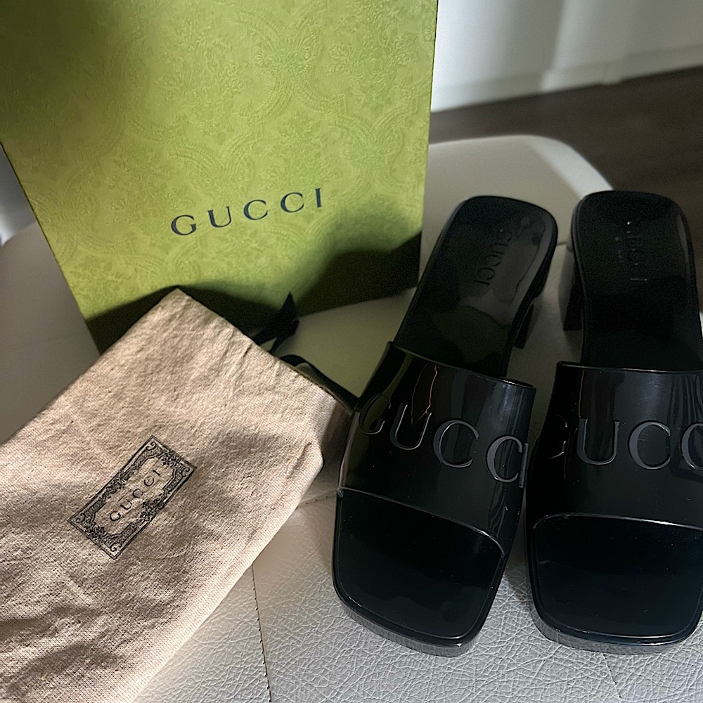 Gucci Logo Womens Platform 20/60mm Rubber Slide Sandals 40 Black